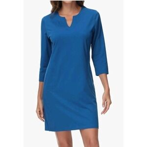 Lightbare Women's Medium 3/4 Sleeve Dress with Pockets Sundress UPF 50+ Blue